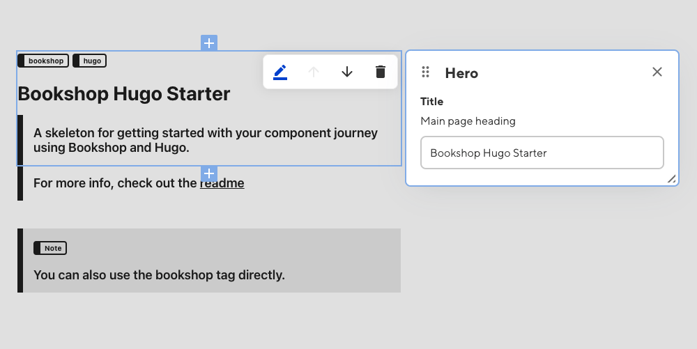 The CloudCannon visual editor, with the hero component selected. Plus buttons are rendered above and below this component, with which new components can be added to the content blocks array. A editor popout sits to the right, containing a title field which can be used to edit the hero component's title and see the changes live.