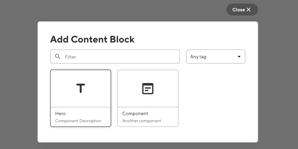 Modal in CloudCannnon showing two component examples, with the Hero component highlighted.