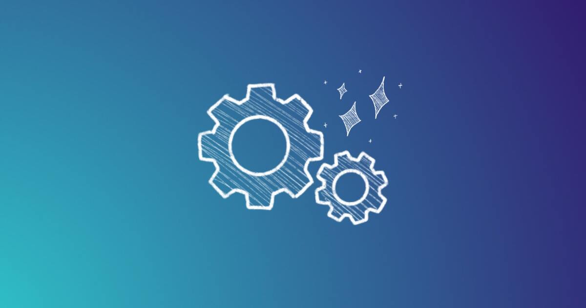 Graphic showing gears and sparkles icons on blue gradient background