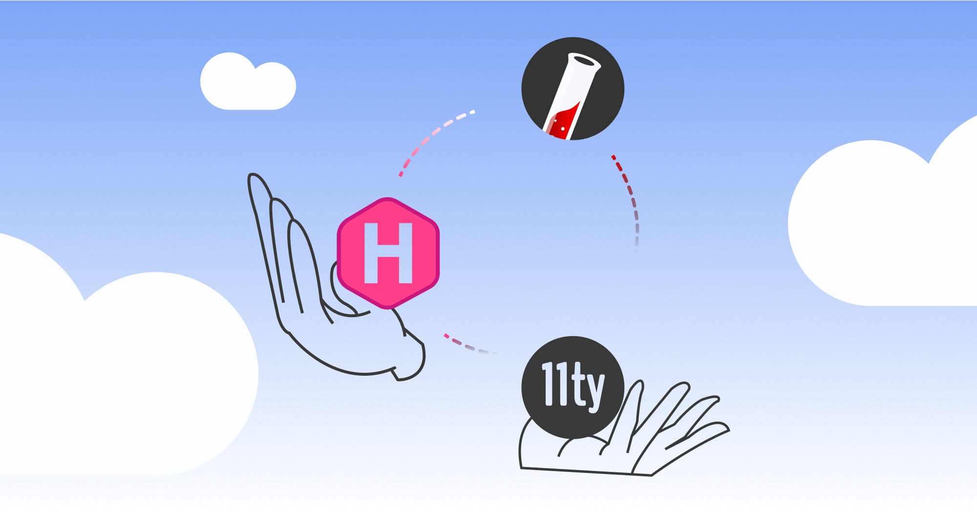 Illustration showing hands juggling the three logos of the static site generators Hugo, Jekyll and Eleventy.