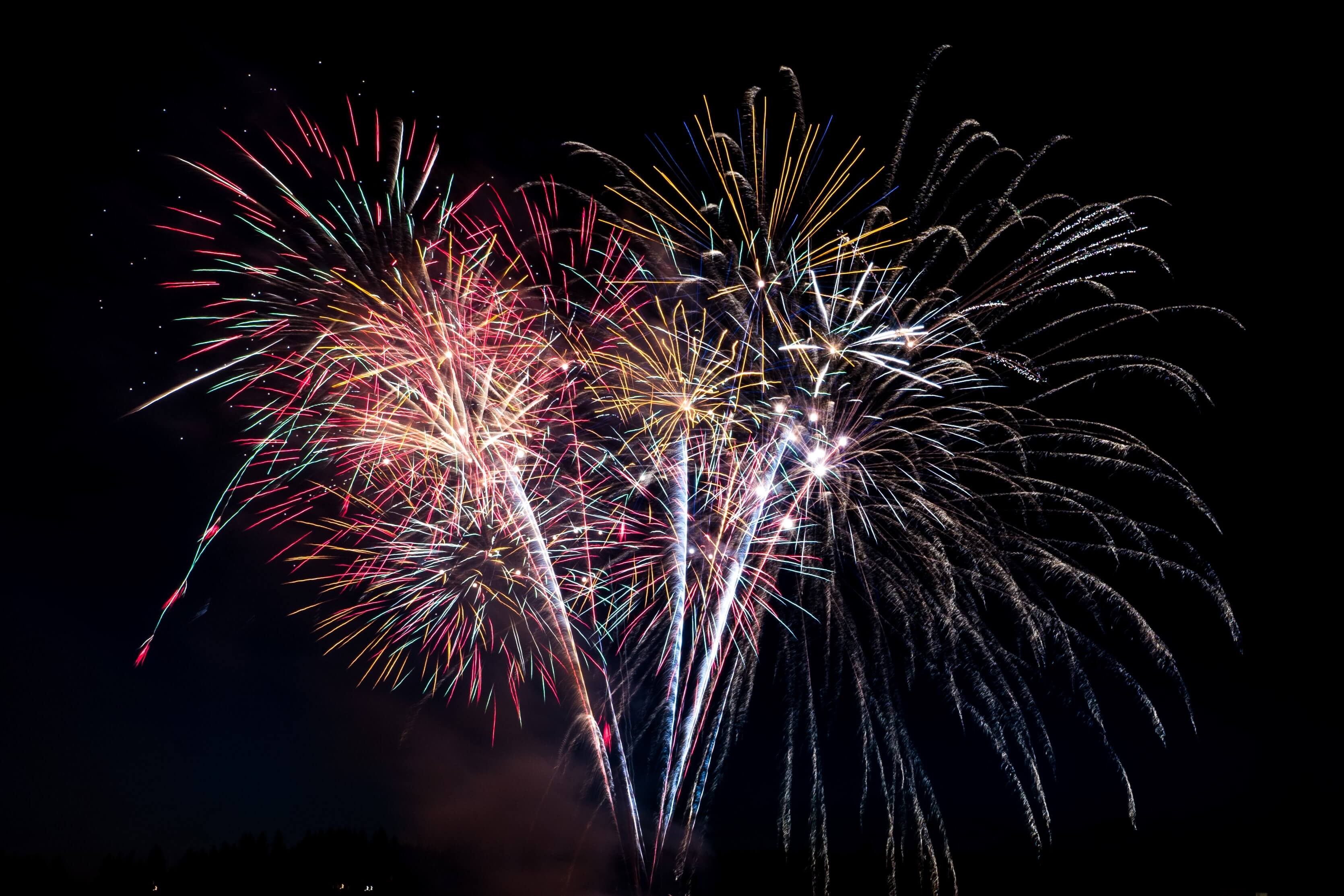 vivid colours of fireworks illuminate the pitch dark night sky