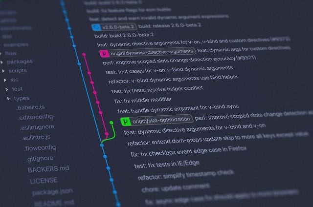 Dark mode screen visualizing Git branches and commits