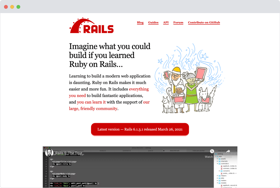 Image of a laptop with the Ruby on Rails website displaying