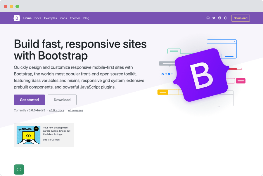 Illustration of laptop showing Bootstrap's website homepage