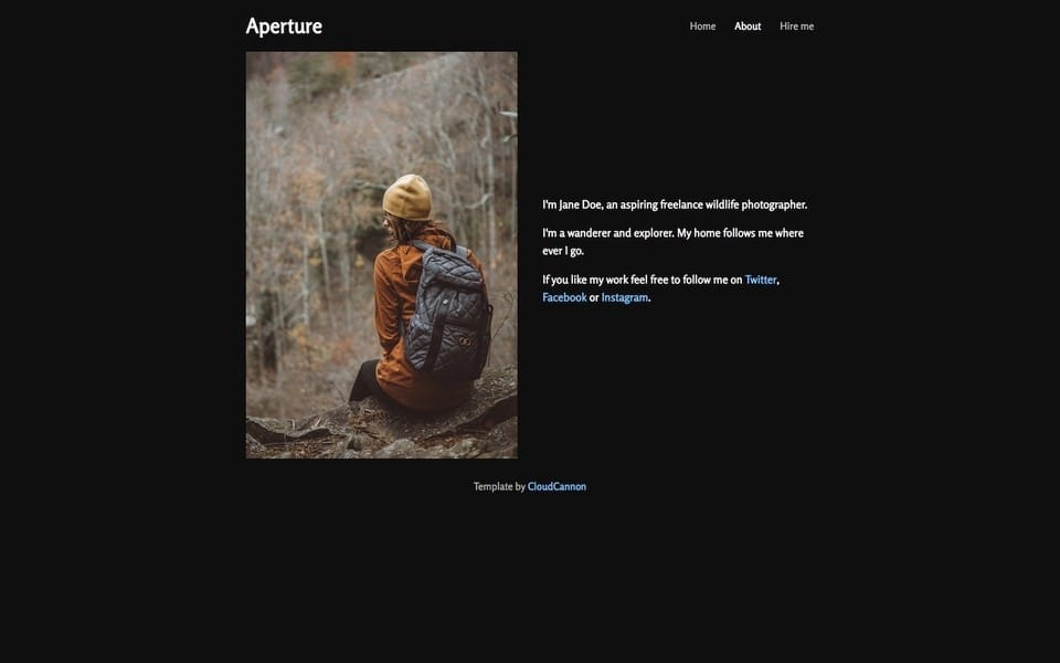 Screenshot of Apeture theme, an about page with a picture of the website owner on the left and some about info on the right