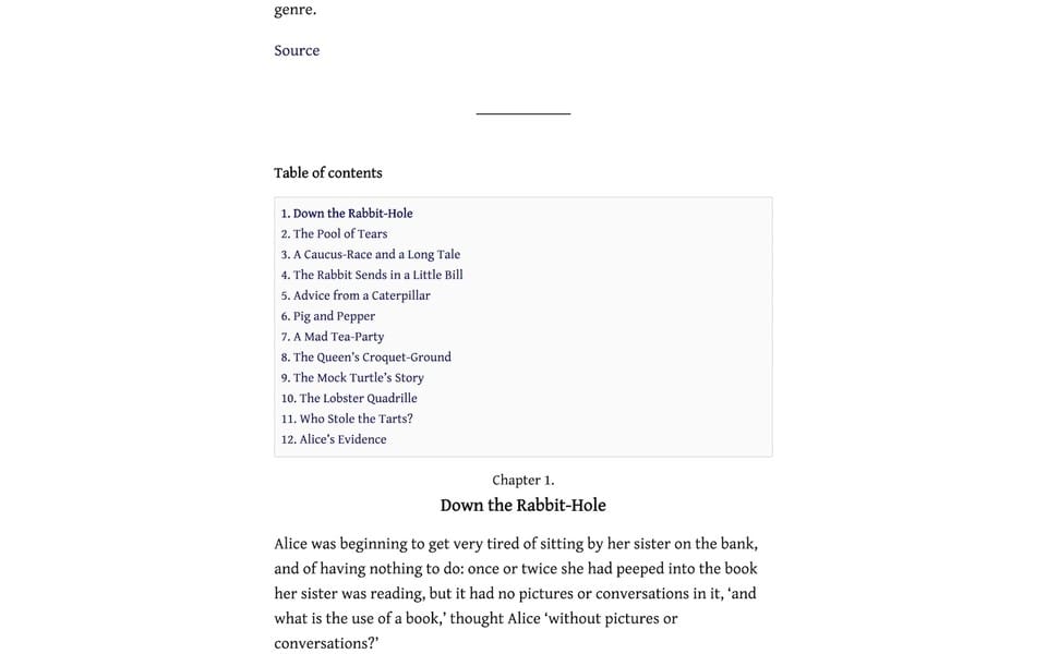 Screenshot of Author theme, a view of a table of contents with the chapters obvious links that link down the page