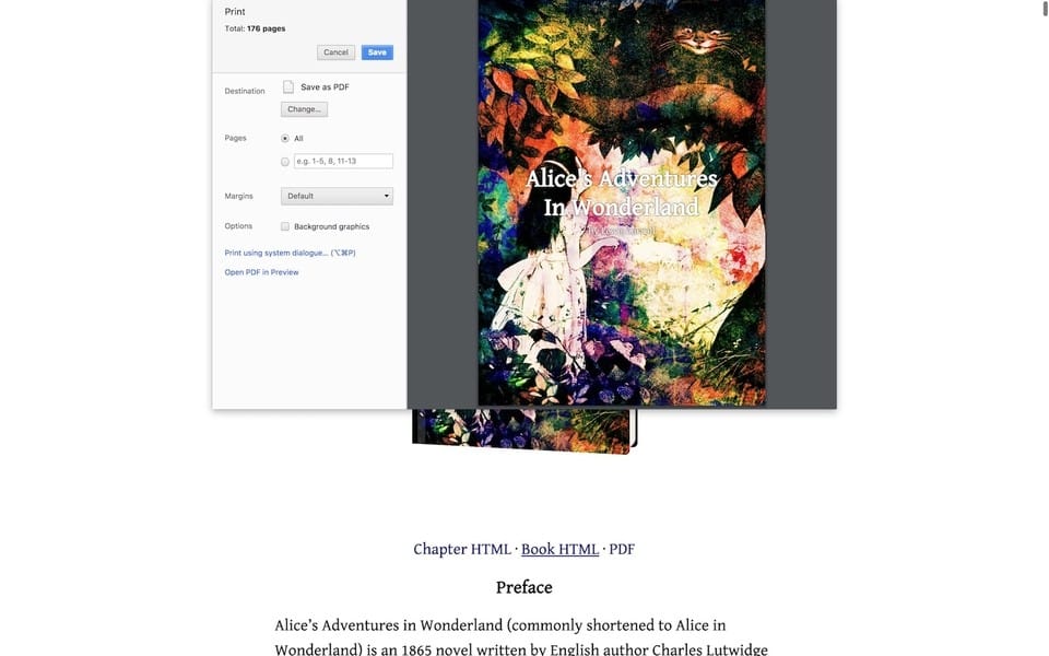 Screenshot of Author theme with a print screen, showing how easy it is to print or save books put on this theme
