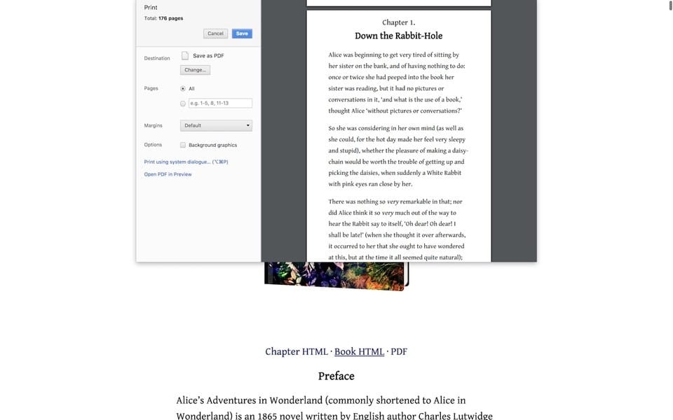 Screenshot of Author theme with a print screen, showing the example of what the book would look like printed or saved