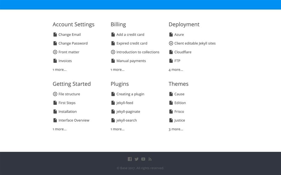 Screenshot of Base theme layout showing the lists headings for settings, billing, deployment and other services