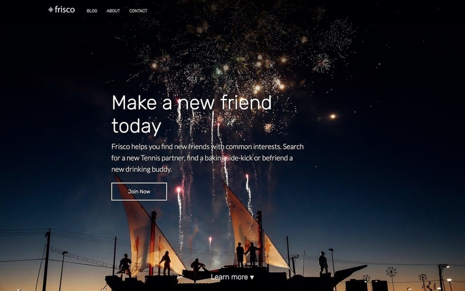 Screenshot of Frisco theme layout of the front page, with white text on a photo of fireworks
