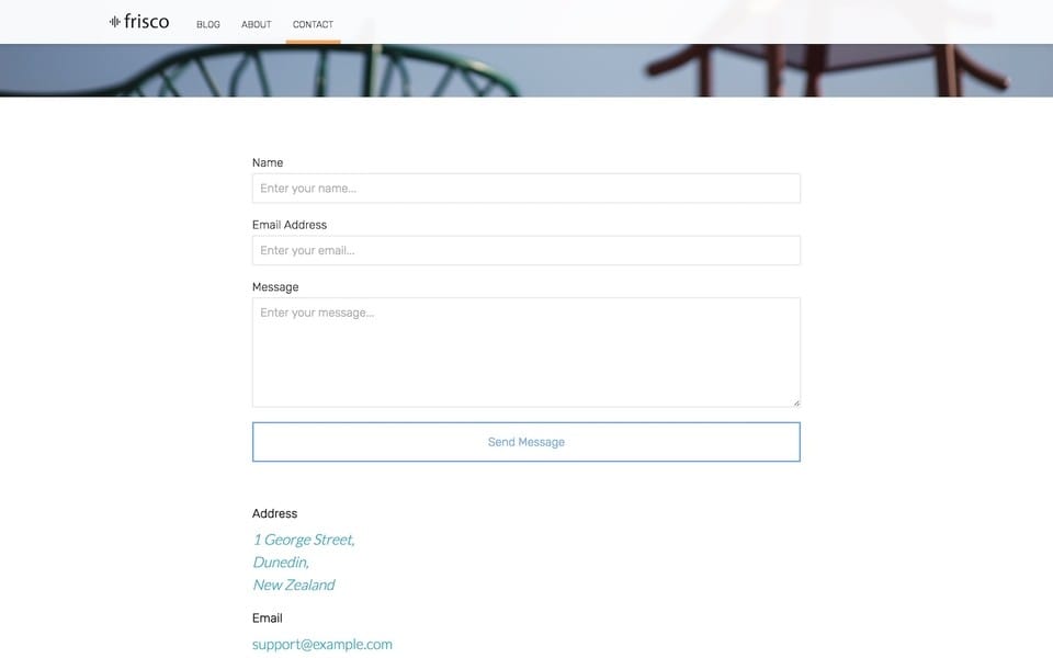 Screenshot of Frisco theme layout of a contact page, with an image at the top of the page and a contact form