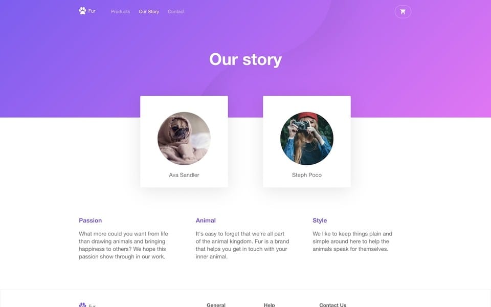 Screenshot of Fur theme layout of the our story page with a purple header behind white text and a three column grid of text about their story