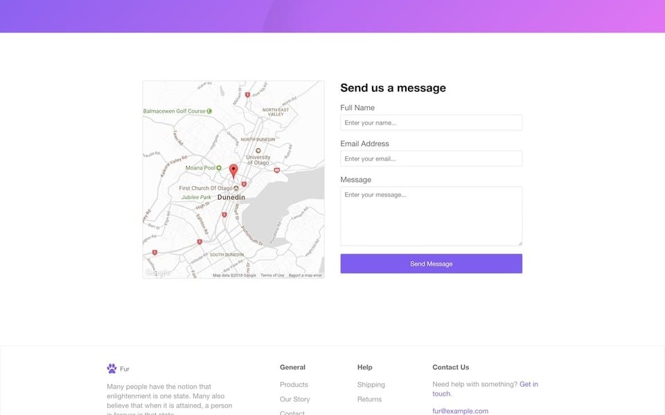 Screenshot of Fur theme layout of the contact page with a map on the left and simple contact form on the right