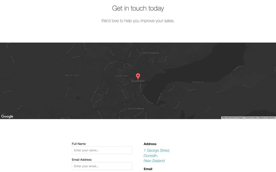 Screenshot of Hydra theme layout of the contact page with a map at the top of the page and contact form below