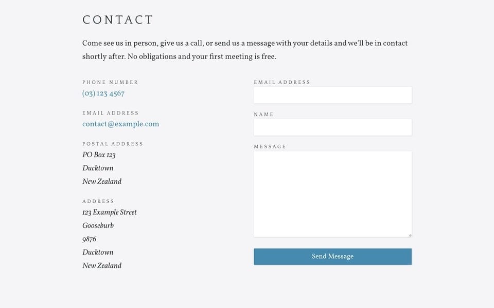 Screenshot of Justice theme layout of the contact page with about info on the left and a contact form on the right
