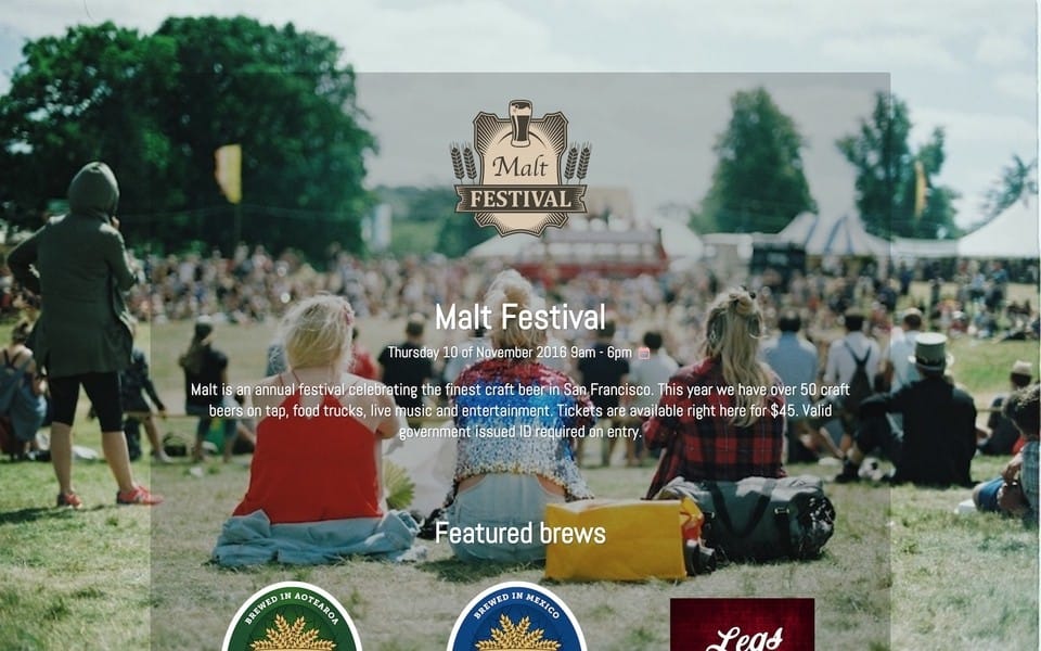 Screenshot of Malt theme layout of the front page containing a heading and description on an overlay ontop of a photo of people at a festival