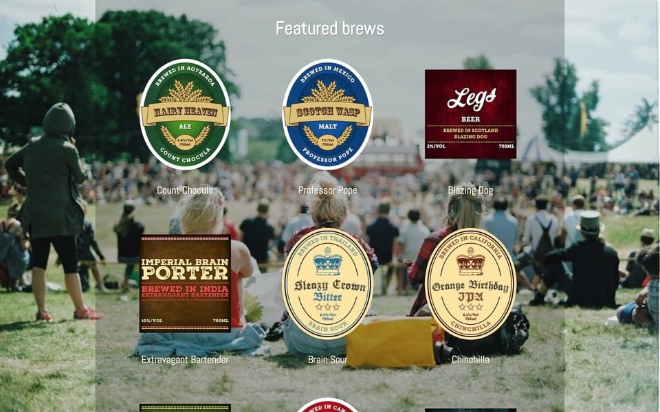 Screenshot of Malt theme layout of the middle of the front page containing beer brewer logos an overlay ontop of a photo of people at a festival