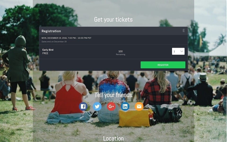 Screenshot of Malt theme layout of the middle of the front page containing a ticketing purchase component and social links on an overlay ontop of a photo of people at a festival