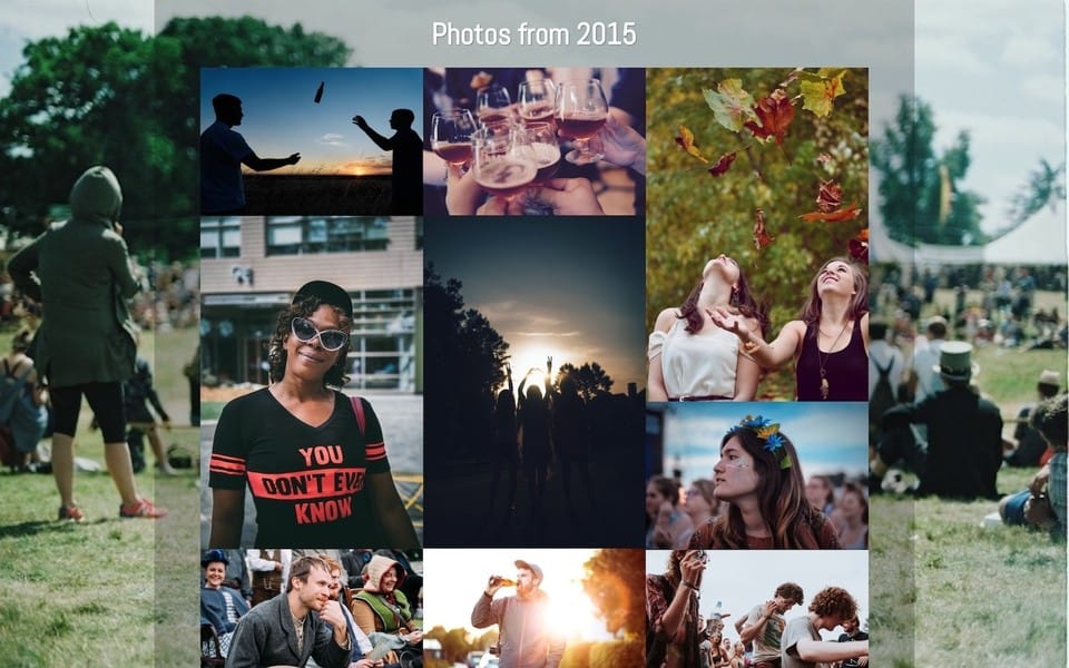 Screenshot of Malt theme layout of the middle of the front page containing a grid of photos of people at a festival overlay ontop of a photo of people at a festival