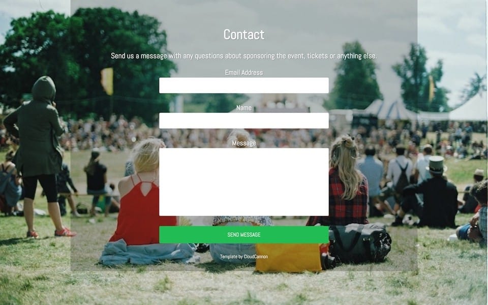 Screenshot of Malt theme layout of the bottom of the front page a simple contact form on an overlay ontop of a photo of people at a festival