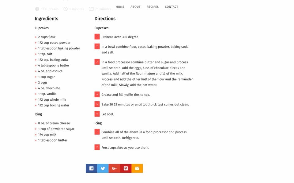 Screenshot of Treat theme layout of the front page containing the menu and the recipe with the ingredients on the left and instructions on the right