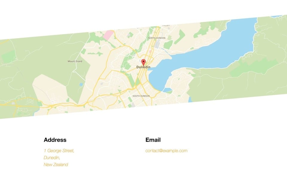 Screenshot of Urban theme layout of the contact page with a map in a diagonal strip and contact information under it