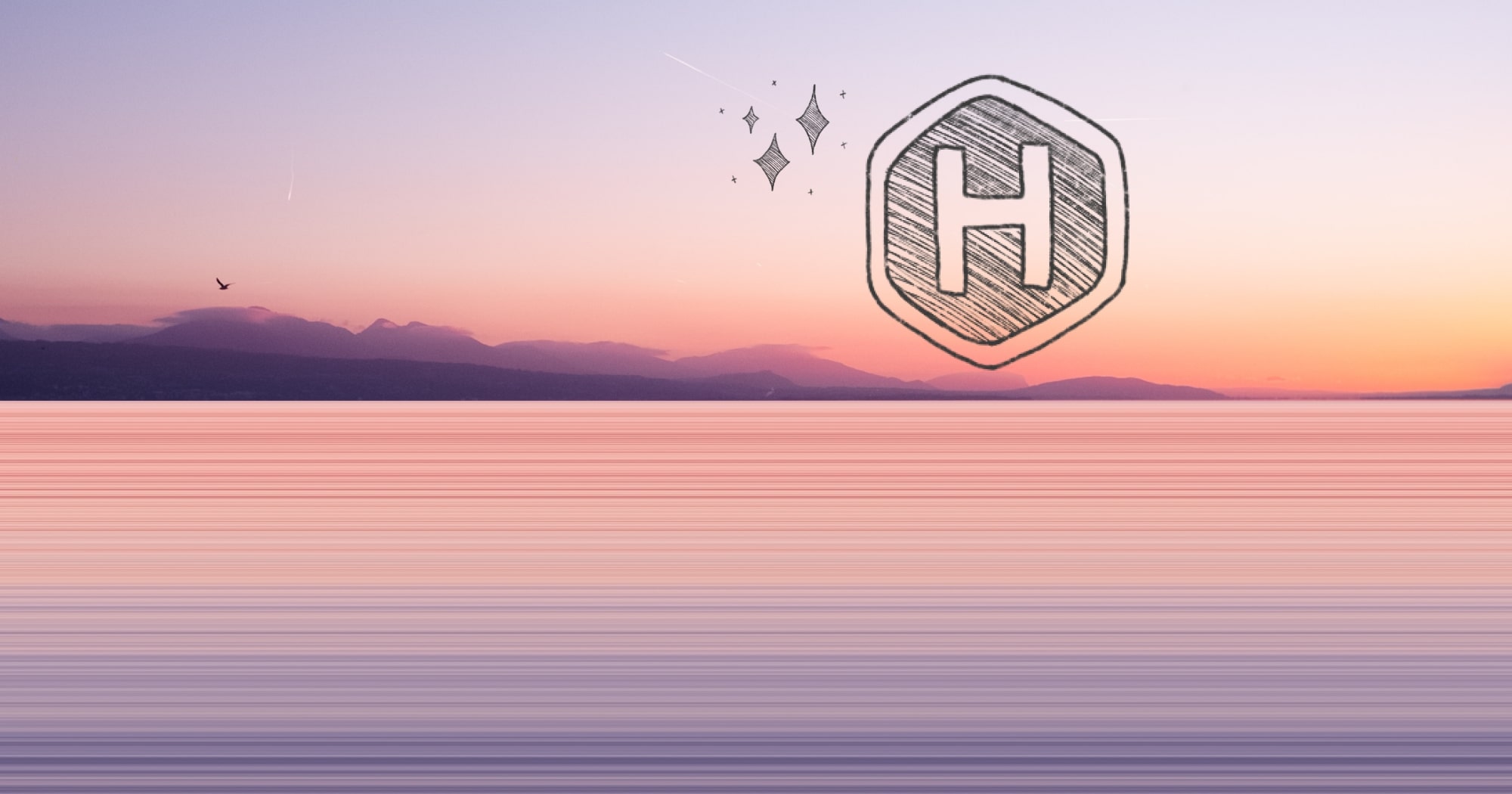 Photo illustration of Hugo logo on a horizon